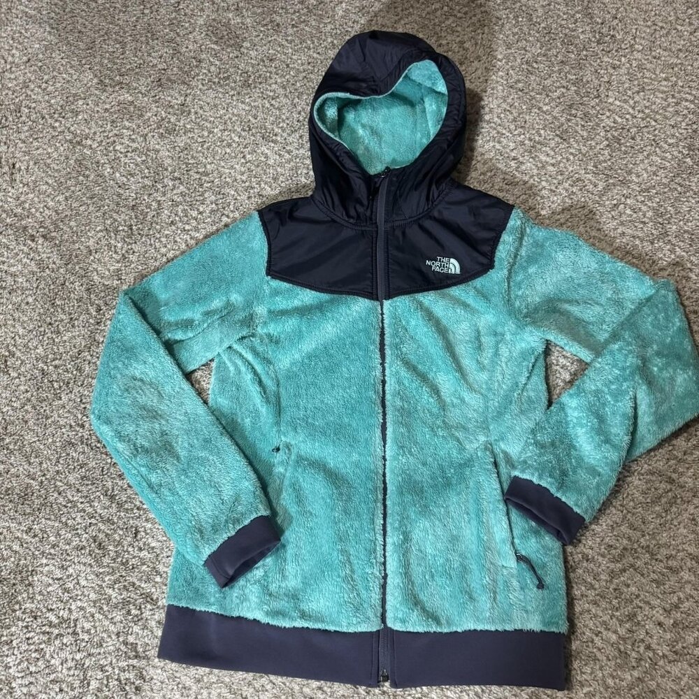 The North Face Jacket Womens Small Teal Fuzzy Soft Fleece Hooded Zip Front